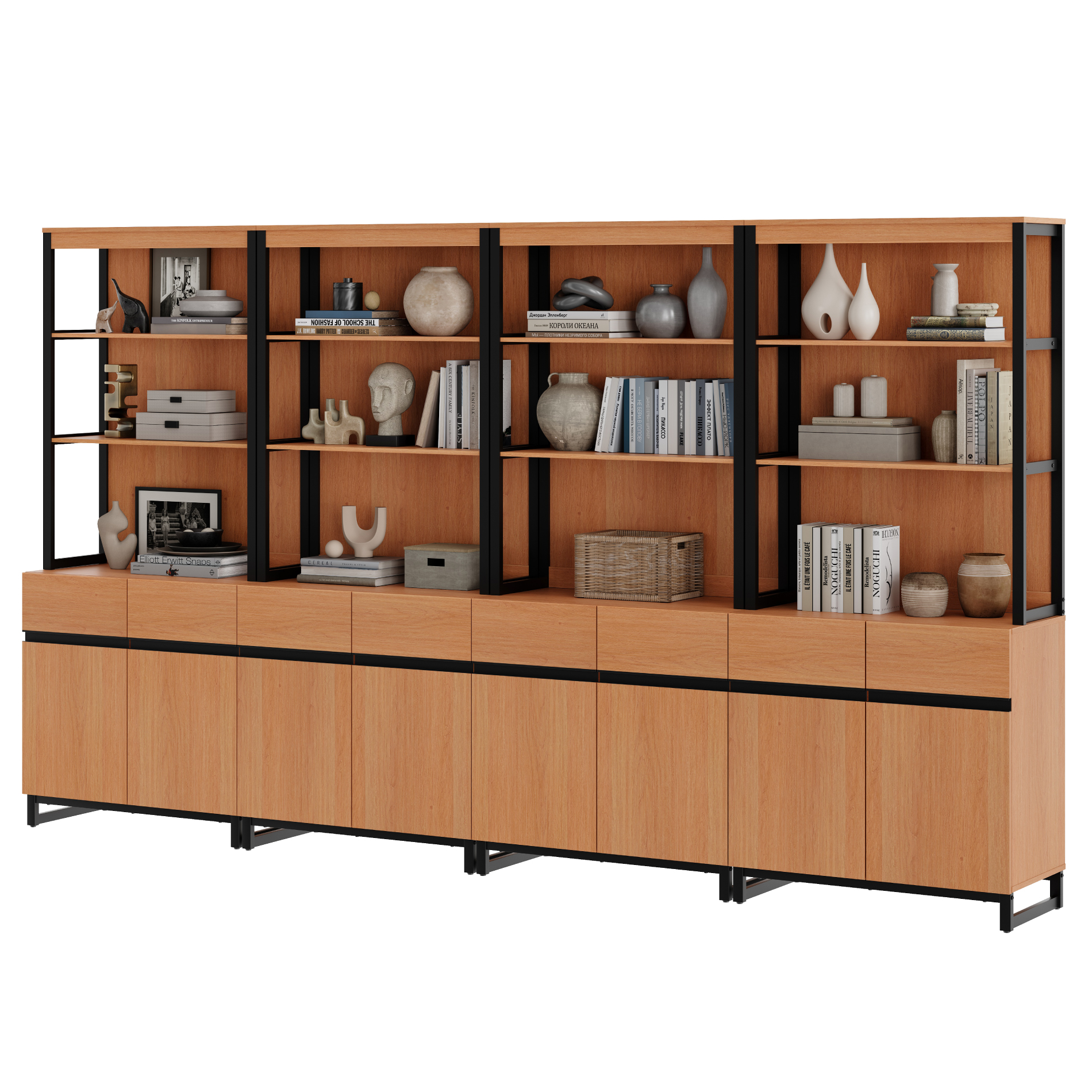 4-Piece Modern 72" Tall Library Bookcases with Metal Base & Adjustable Shelves, Wood Bookshelves with Storage Cabinet & Open Shelves for Home Office & Living Room, Mocha