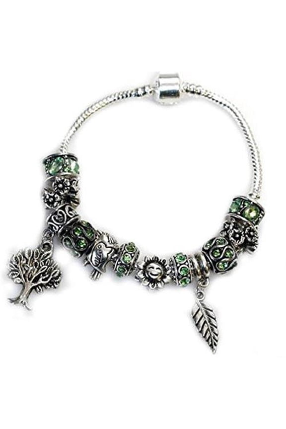 8.0" Mother Nature, Tree Charms, Bird Charms, Sun Charms and Leaf Charm with Peridot Green August Created Birthstone