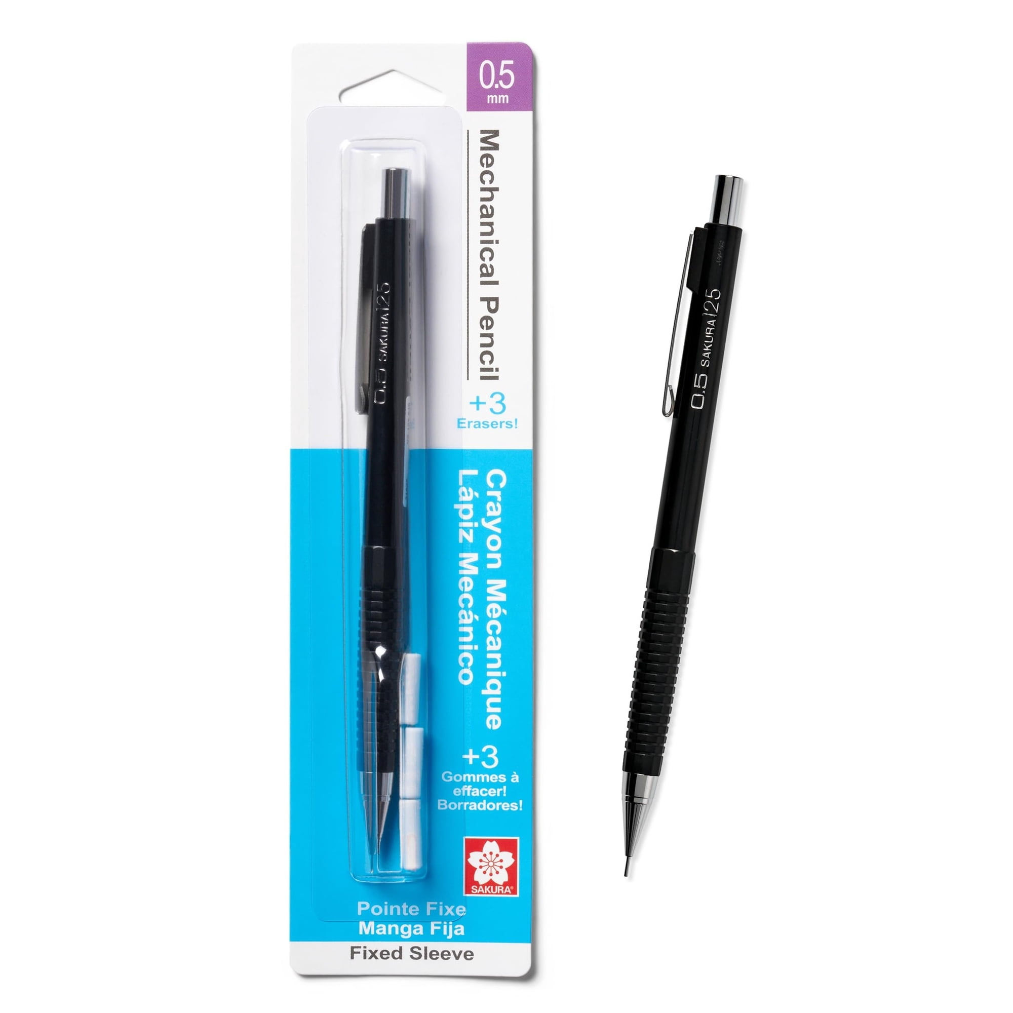 Sakura Mechanical Pencil 0.5 mm - Pencil with 3 Eraser Refills - Fixed Sleeve for Using Rulers and Templates - Black