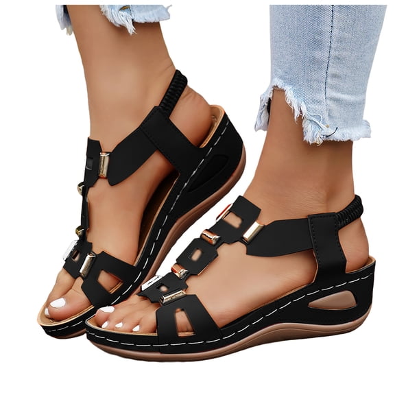 Rokment Women's Orthopedic Wedge Dressy Sandals with Arch Support Comfortable Platform Walking Summer Shoes Fashion Casual Metal Buckles Mules Slingback Mid Heels Dress Footwear Black Size 6