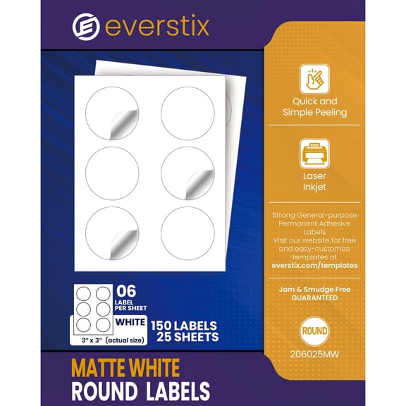 Printable Round Labels, 3" Diameter, Laser/Pigment-Based Inkjet Printable Labels