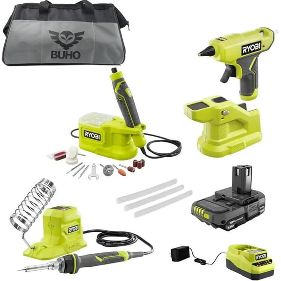 Cordless 3-Tool Hobby Accessory Bundle - 18-Volt Compact Glue Gun Soldering Iron Rotary Tool 1.5 Ah Battery Charger Buho Tool Bag