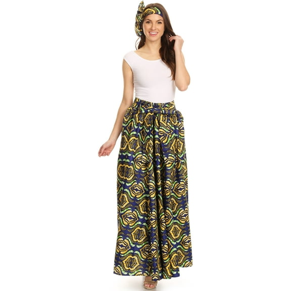Sakkas Asma Convertible Traditional Wax Print Adjustable Strap Maxi Skirt | Dress - 1136- BlueYellow - One Size Regular