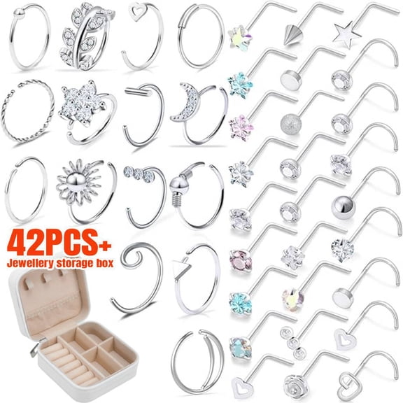 42 Pcs Nose Rings Studs Hypoallergenic 316L Surgical Steel L Shaped Screw Nose Rings Hoops Silver Heart Star Diamond Nose Piercing Jewelry for Women Men Jewellery Storage Box