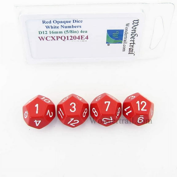 Red Opaque Dice with White Numbers D12 Aprox 16mm (5/8in) Pack of 4 Wondertrail