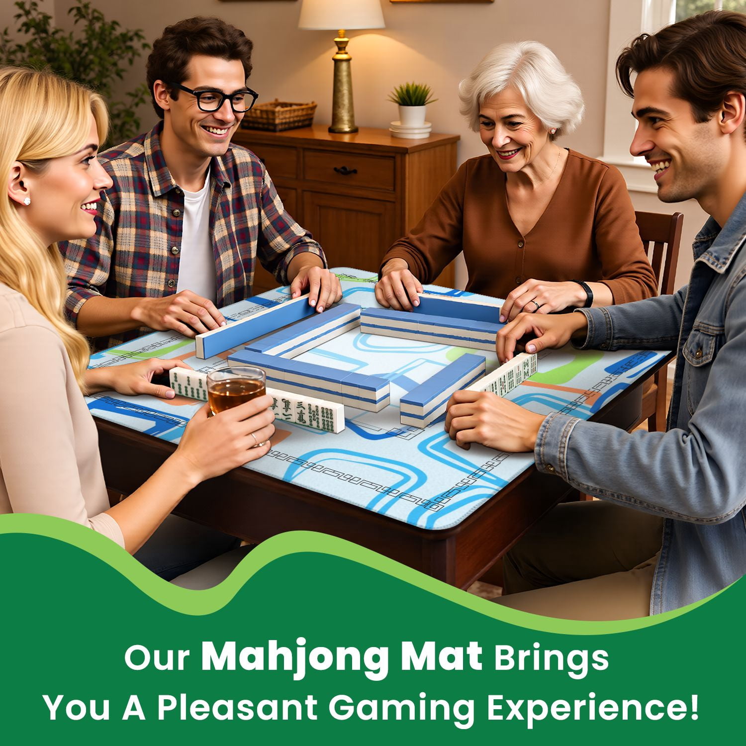 Mahjong Mat 31.5" x 31.5" Colorful Abstract Geometric Squares Light Blue Non-Slip Noise Reduction American Mahjong Tiles Table Cover for Dominoes Poker Card Board Games Gift