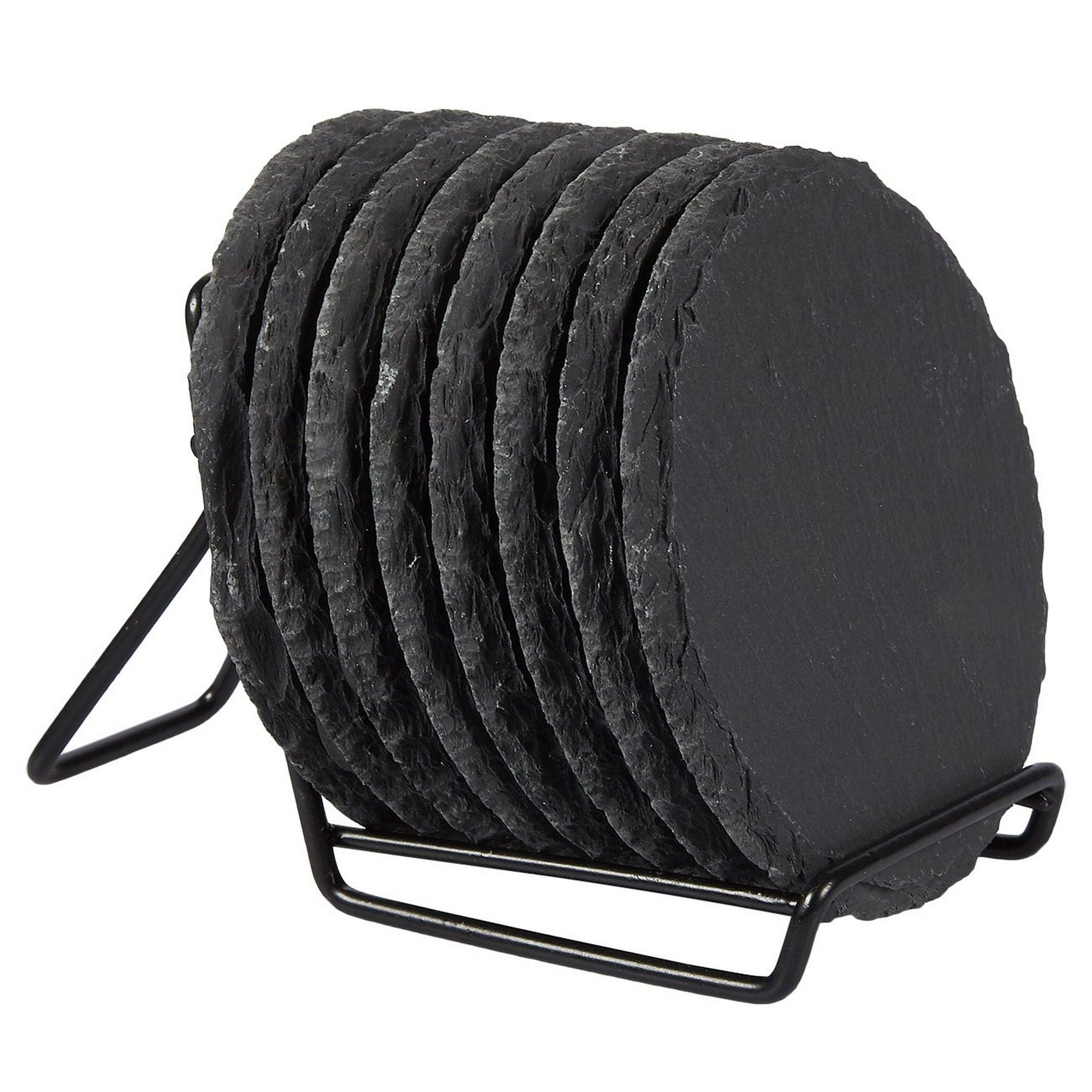 8-Pack Slate Stone Coasters Set with Steel Stand - Round Black Natural