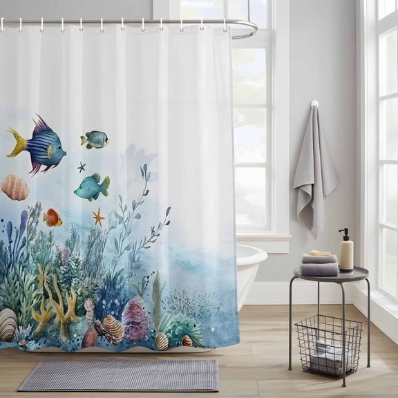 Bathroom Shower Curtain Cartoon Fish Coral Summer Ocean Waterproof Shower Curtains with Hooks, Nautical Watercolor Leaf Bath Curtains Bathtub Curtain Home Decor 36x72in