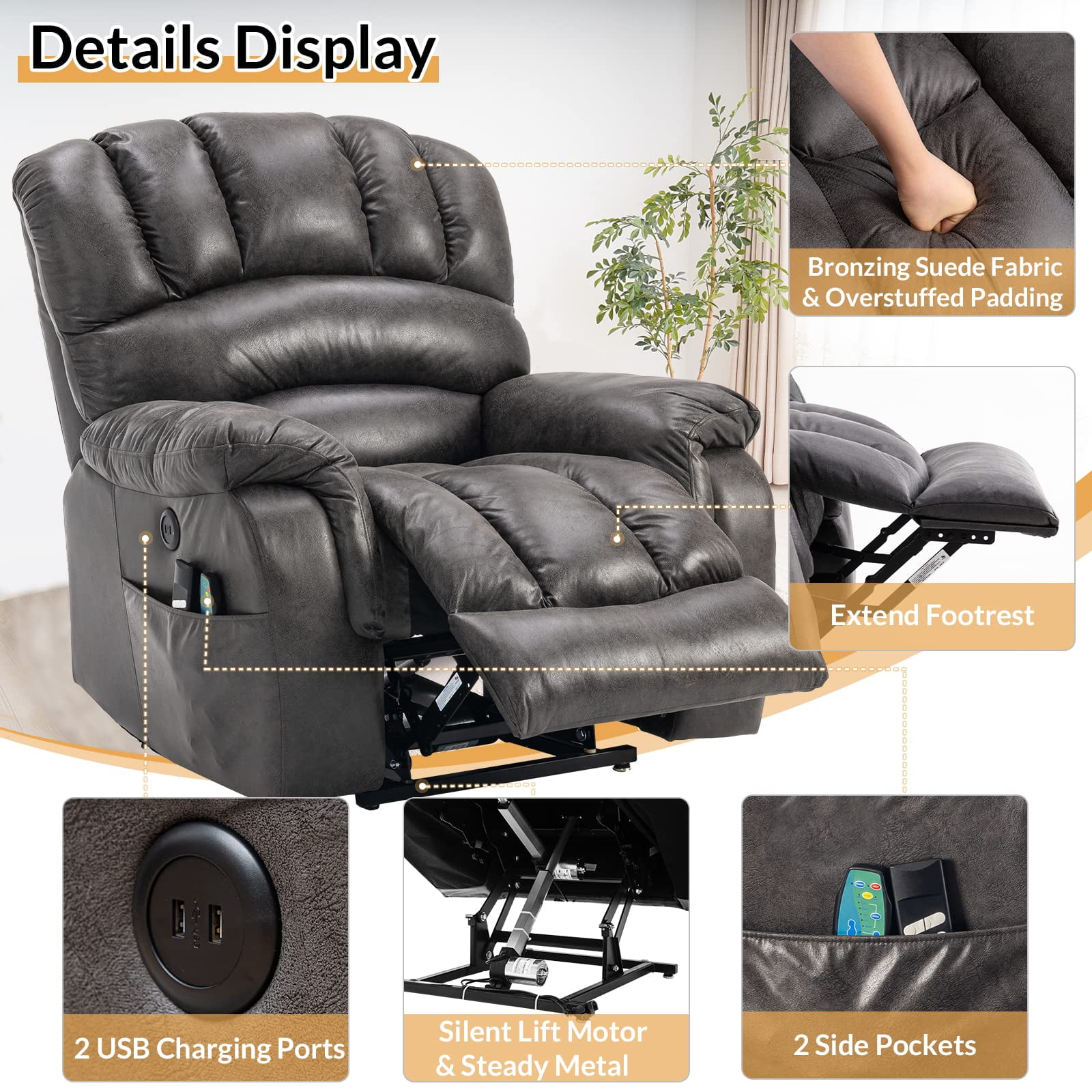 W WARMHOL Lay Flat Sleeping Dual Motor Electric Lift Recliner w/Heat Massage for Big People, Large Infinite Position Reclining Chair Up to 350 LBS for Living Room, 2 Remote Controls/USB Port, Grey
