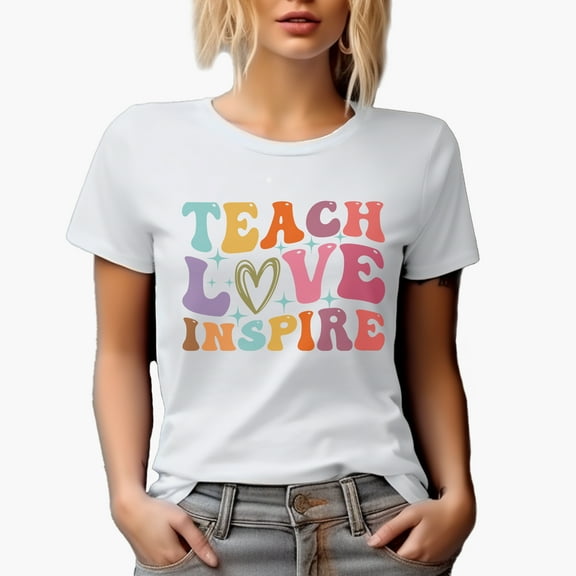 Teach, Love, Inspire, School, Back-To-School or Teaching Themed, Groovy Retro Wavy Text Merch Gift, White T-Shirt, Small