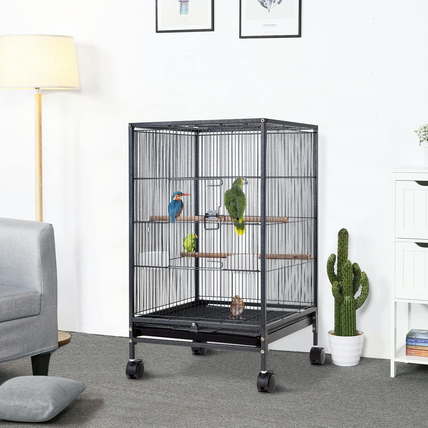 CL.HPAHKL 35 inch Bird Cage with Rolling Stand, Metal Birdcage Parakeet Cage for Parakeets Cockatiel Canary Finch Lovebird Parrotlet Pigeons, Black