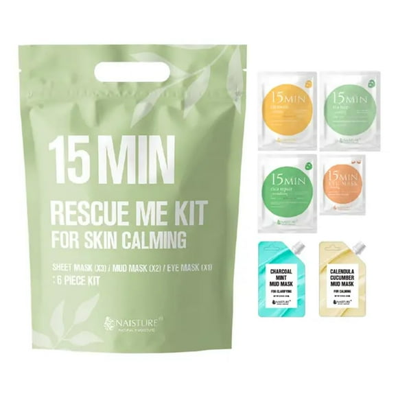 Naisture Women's Korean Spa Kit for Skincare – Cica, Turmeric, Tea Tree Sheet Masks, Eye Mask, Calendula Cucumber, and Charcoal Mint Mud Mask. Revitalize your skin with the 15 MIN RESCUE ME KIT