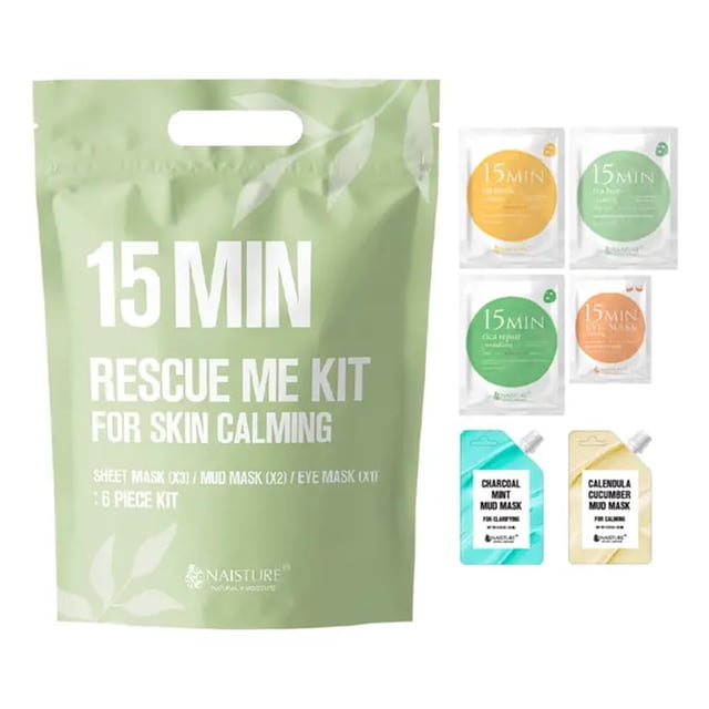 Naisture Women's Korean Spa Kit for Skincare – Cica, Turmeric, Tea Tree Sheet Masks, Eye Mask, Calendula Cucumber, and Charcoal Mint Mud Mask. Revitalize your skin with the 15 MIN RESCUE ME KIT