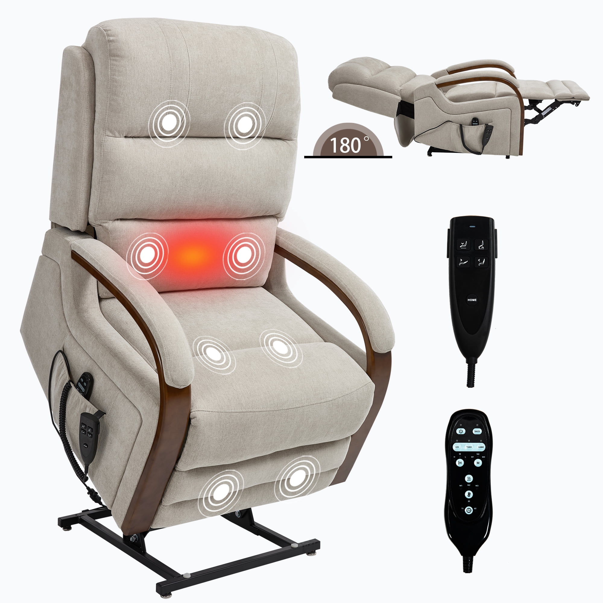 Gewnee Power Lift Recliner Chair with Heat and Massage,Lay Flat Assist Recliner with Side Pocket & Solid Wood Armrest,Lift Chair for Living Room.Beige Chenille