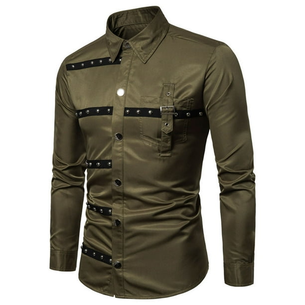 pstuiky manga larga de hombre, Camisa de manga larga con solapa y bolsillo con botones de color liso estilo gótico para hombre Tops casuales para hombres l