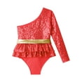 thumbnail image 4 of iEFiEL Kids Girls Single Long Sleeve Gymnastics Ballet Leotard Oblique Shoulder Shiny Sequins Jumpsuit Acrobatics Bodysuit A Red 10, 4 of 5