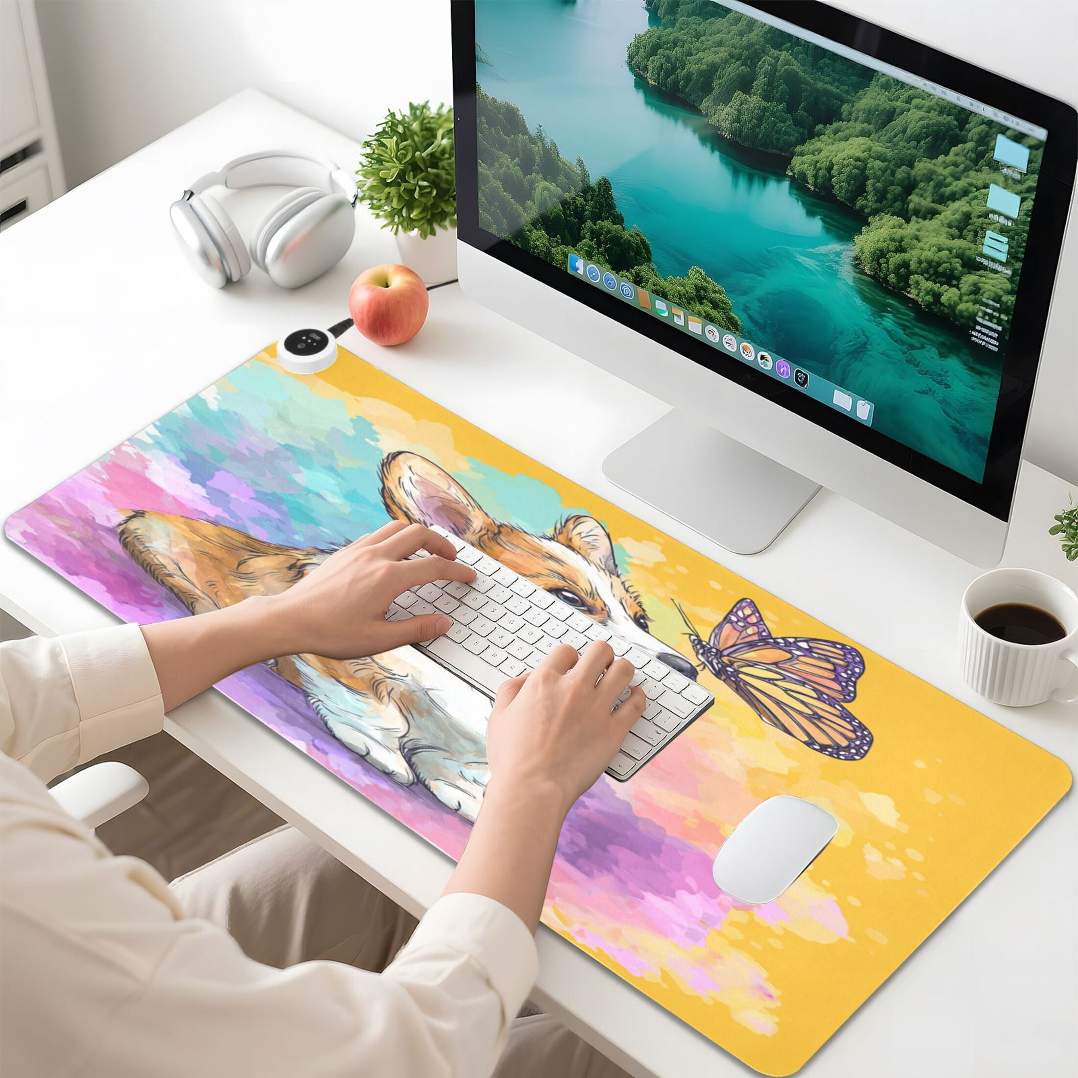 Large Heated Desk Mat Mouse Pad 31.5"x13"PU Leather Graphene Heating Desk Warmer with 3 Temperature Settings 110V US Plug Non-Slip Warm Pad for Home, Office, and Gaming Cartoon Drawing Of A Corgi