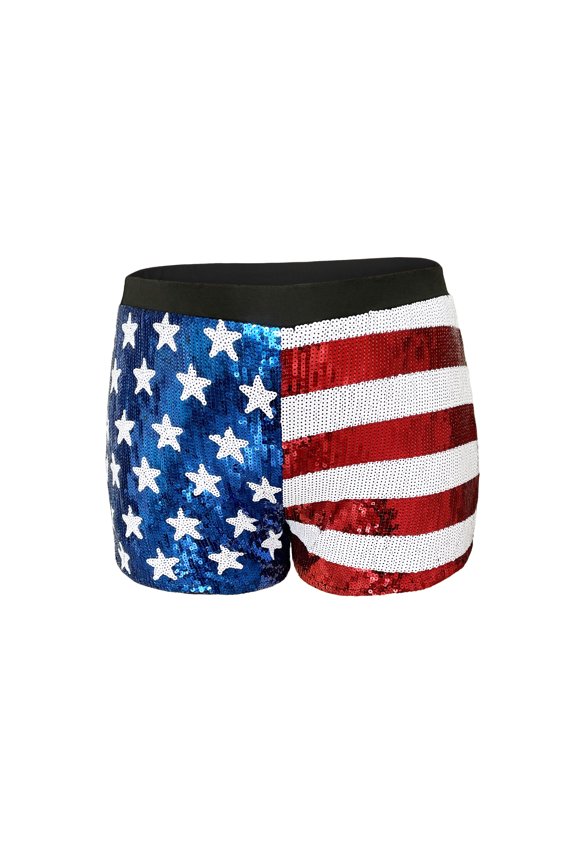 Plus Size Women's Mid Rise July 4th USA Flag Star Stripes Sparkly Sequin Shorts,1X-Large