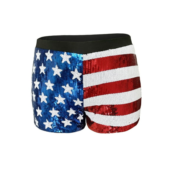Plus Size Women's Mid Rise July 4th USA Flag Star Stripes Sparkly Sequin Shorts,4X-Large