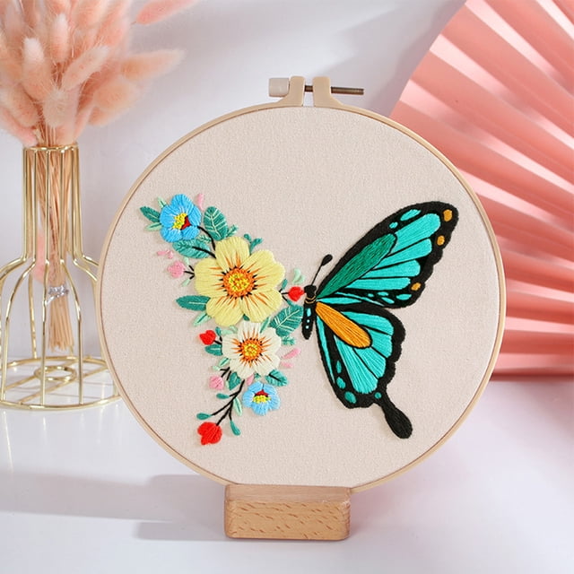 Diy Embroidery Kit Butterfly Flower Pattern Needlework Set With Embroidery Hoops Cross Stitch Kits For Craft Lover