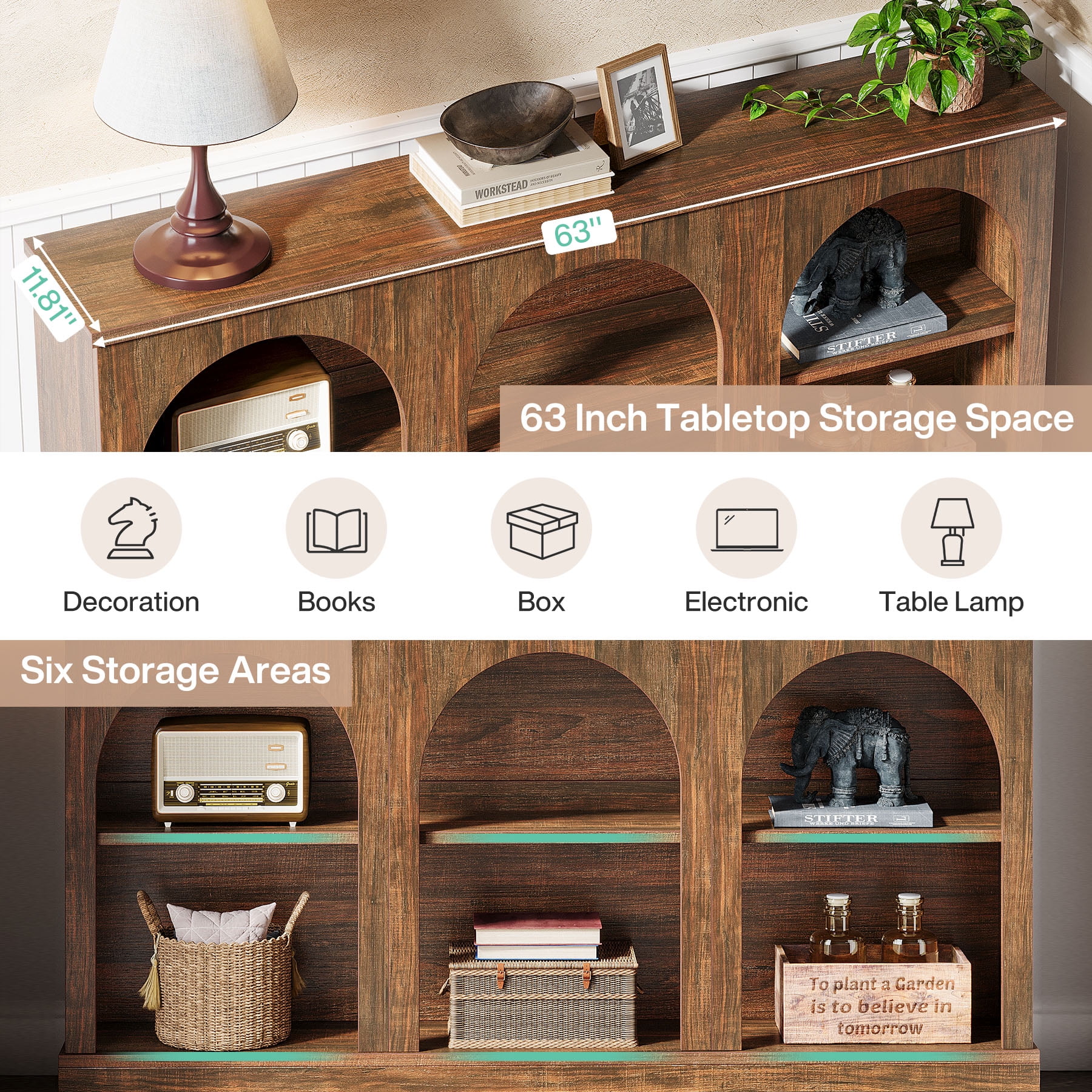 Tribesigns Farmhouse Console Table, 63-Inch 3 Tier Entryway Table with Storage, Wooden Rectangular Sofa Table Behind The Couch for Hallway, Dark Brown