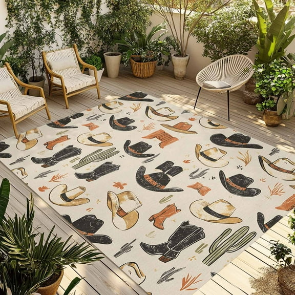 Fsddascl Western Cowboy Outdoor Rug for Patio/Deck/Porch, Non-Slip Large Area Rug 6 x 9 Ft, Country Vintage Art Boots Desert Indoor Outdoor Rugs Washable Area Rugs, Reversible Camping Rug Carpet