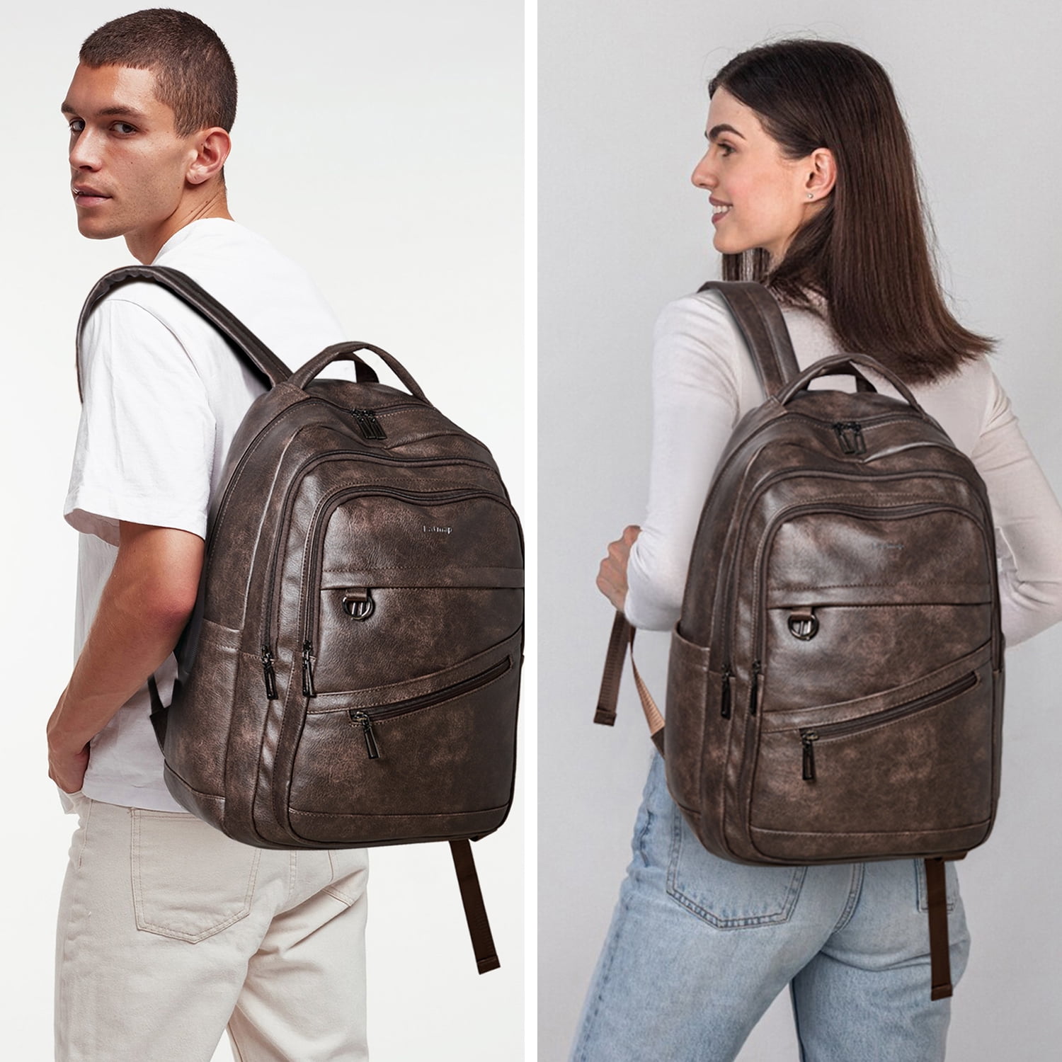 43L Vegan Leather Backpack for Women & Men, Travel Carry On Backpack, College Bookbag, Work Laptop Backpack fits 17 inch Laptop，Coffee