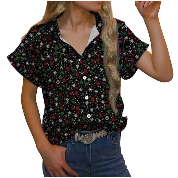 Camisas Navideñas Para Mujer Tops de Moda Blusa Corta Informal Con Estampado de Cuello Vuelto Odeerbi ODB207790