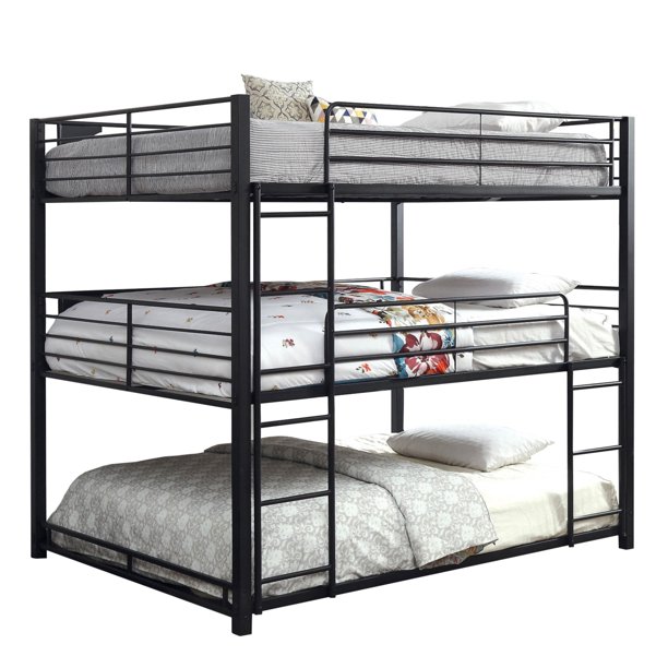 Industrial Style Queen Triple Decker Bunk Bed with Ladder, Black