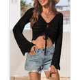 thumbnail image 5 of Womens Crochet Crop Tops Tie Front Bell Long Sleeve Cardigan V Neck Knit Shrug Sweaters Black XL, 5 of 8