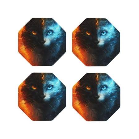 

Fuzoiu Red And Blue Fire Cat Print Leather Coasters Set Drink Coasters Set of 4 for Tabletop Protection Durable PVC Coasters Home Décor and Housewarming Gift-Octagon