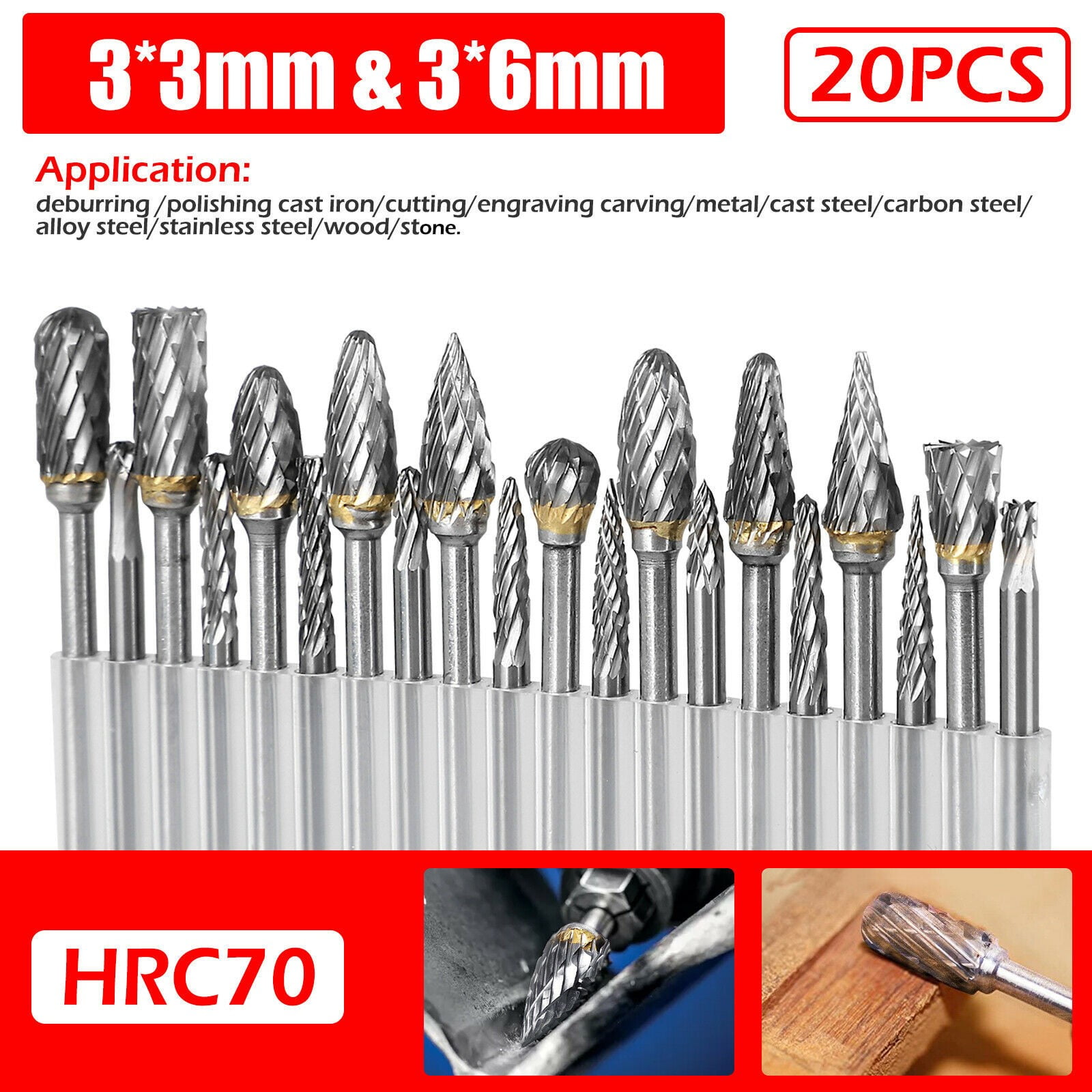 20PCS Tungsten Carbide Rotary Drill Bits Tool Burr Die Grinder Shank Carving Set 