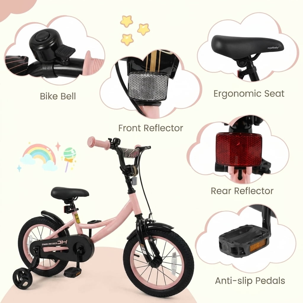 Redsmile 12 Inch Kids Bike for Boys Girls Ages 3-8, Adjustable Toddler Bicycle with Removable Training Wheels, Handbrake and Coaster Brake, 145 lb Kids Bike, Pink