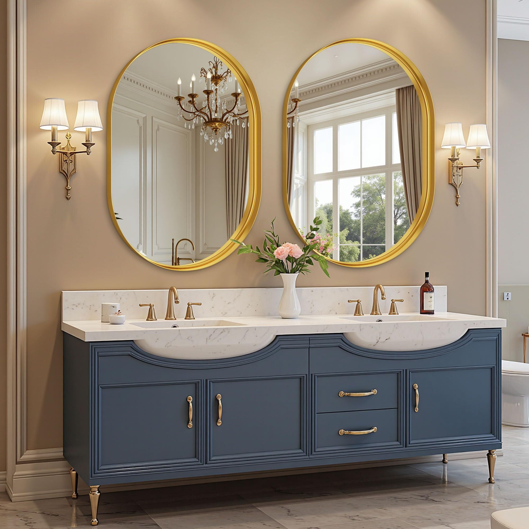 Mirstory 36.2"x 20.1" Oval Wall Vanity Mirror Bathroom Mirror with Aluminum Alloy Deep Frame, Gold