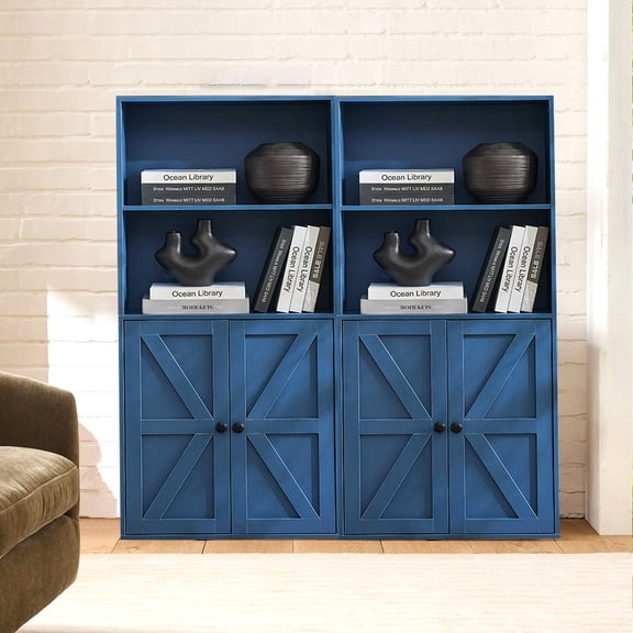 4-Tier Bookshelves and Bookcases Set of 2, Farmhouse Bookcase with Barn Doors, Bookshelf & Storage Cabinet with Display Shelves for Living Room, Home Office, Bedroom, Blue