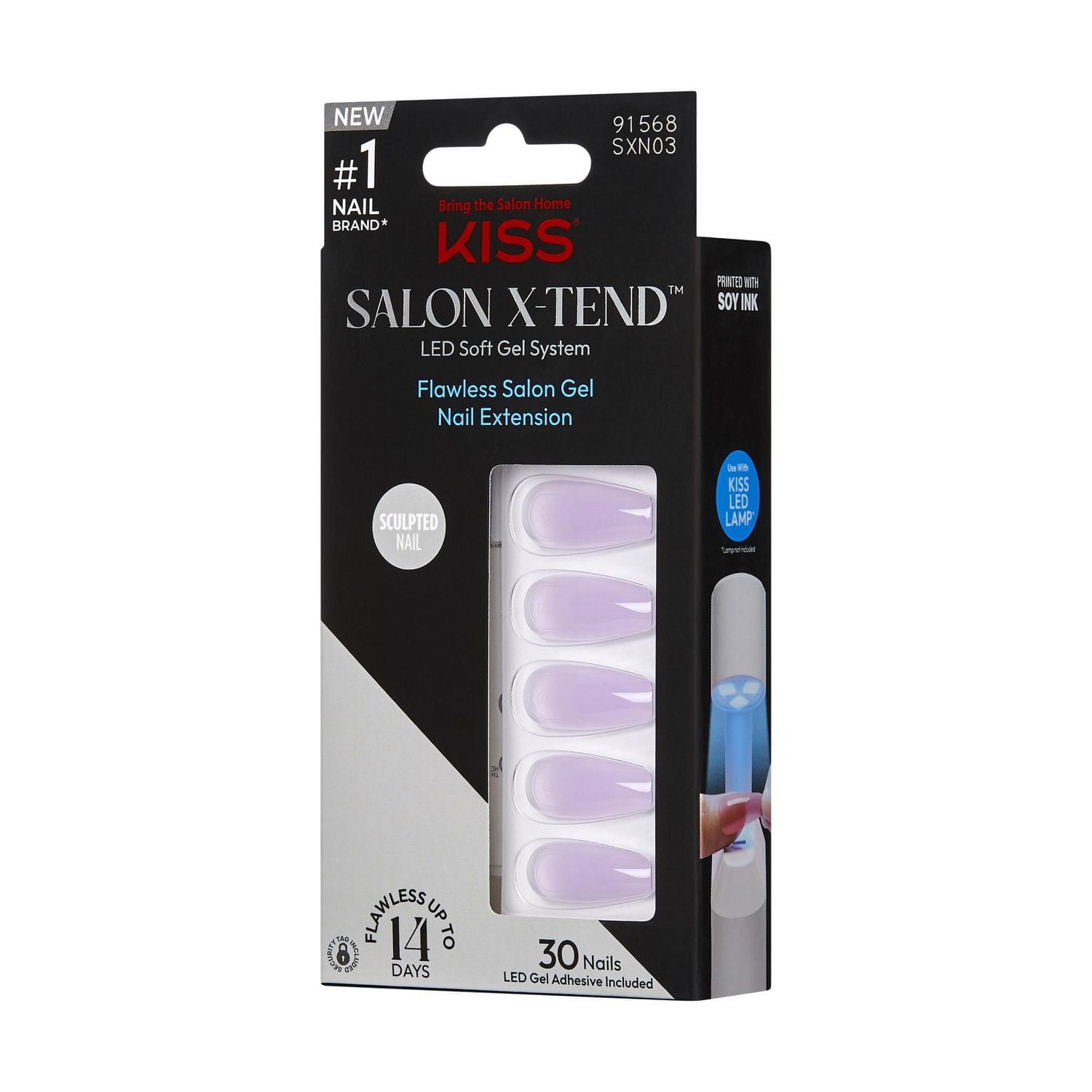 KISS Système Ongles de couleur Salon X-Tend Gel doux LED, Lavande, Long Ballerine, 30u. Refill Faux Mink