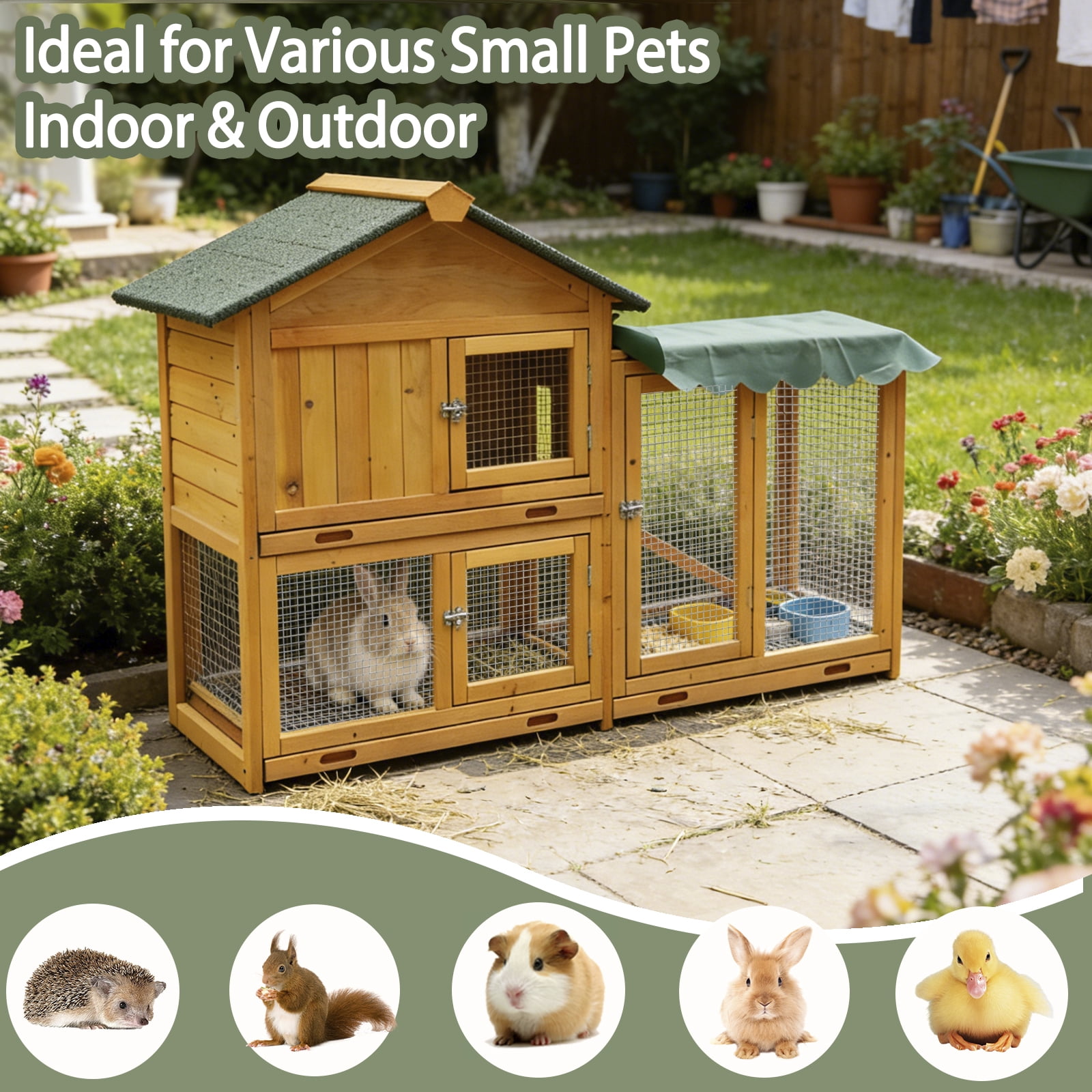 61" Large Wooden Rabbit Hutch with Run, 2-Tier Bunny Cage Indoor Outdoor with Pull-Out Tray & Waterproof Roof, Pet House for Rabbits, Chickens, Hamsters, Guinea Pigs