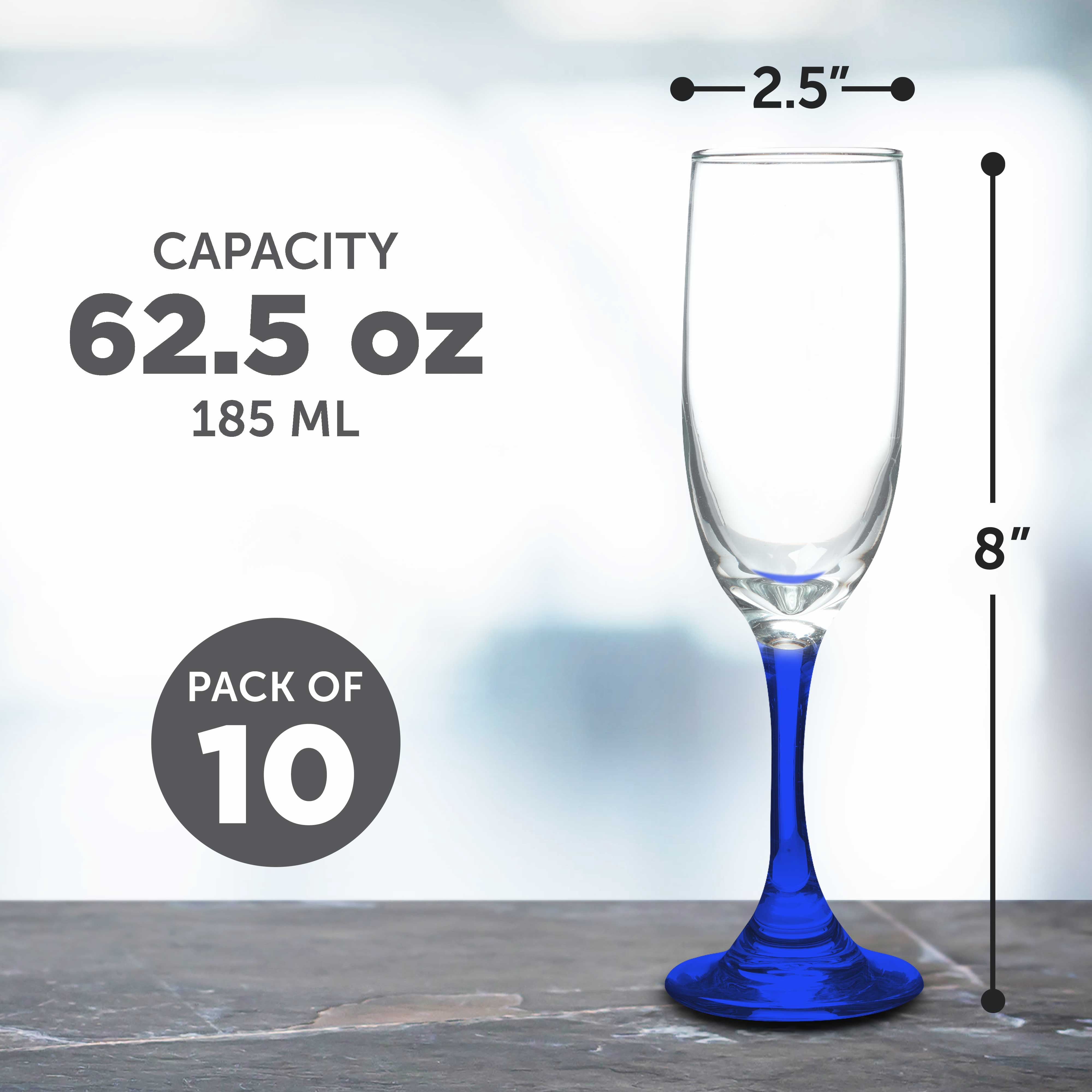 Champagne Flute 6.25 oz. Set of 10, Bulk Pack - Great for Cocktails, Weddings, Party Favors - Blue