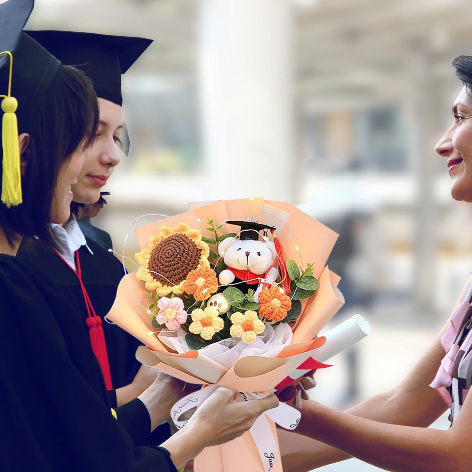 Zhourta Graduation Plush Flower Bouquet Knitted Bear PhD Teddy with Faux Sunflower Gift for Graduates Valentine's Day and Anniversary