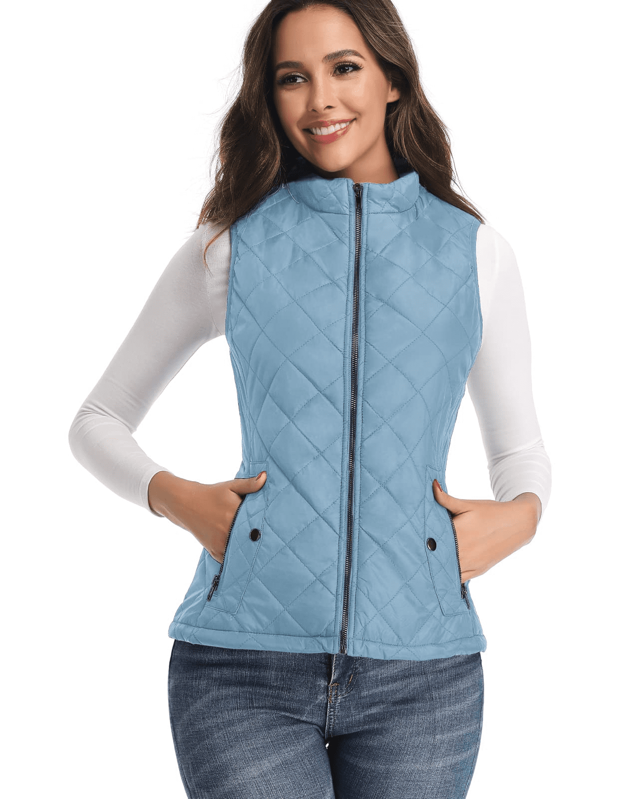 Vest for WomenStand Collar Lightweight Zip Quilted,Light Blue Women's Vest