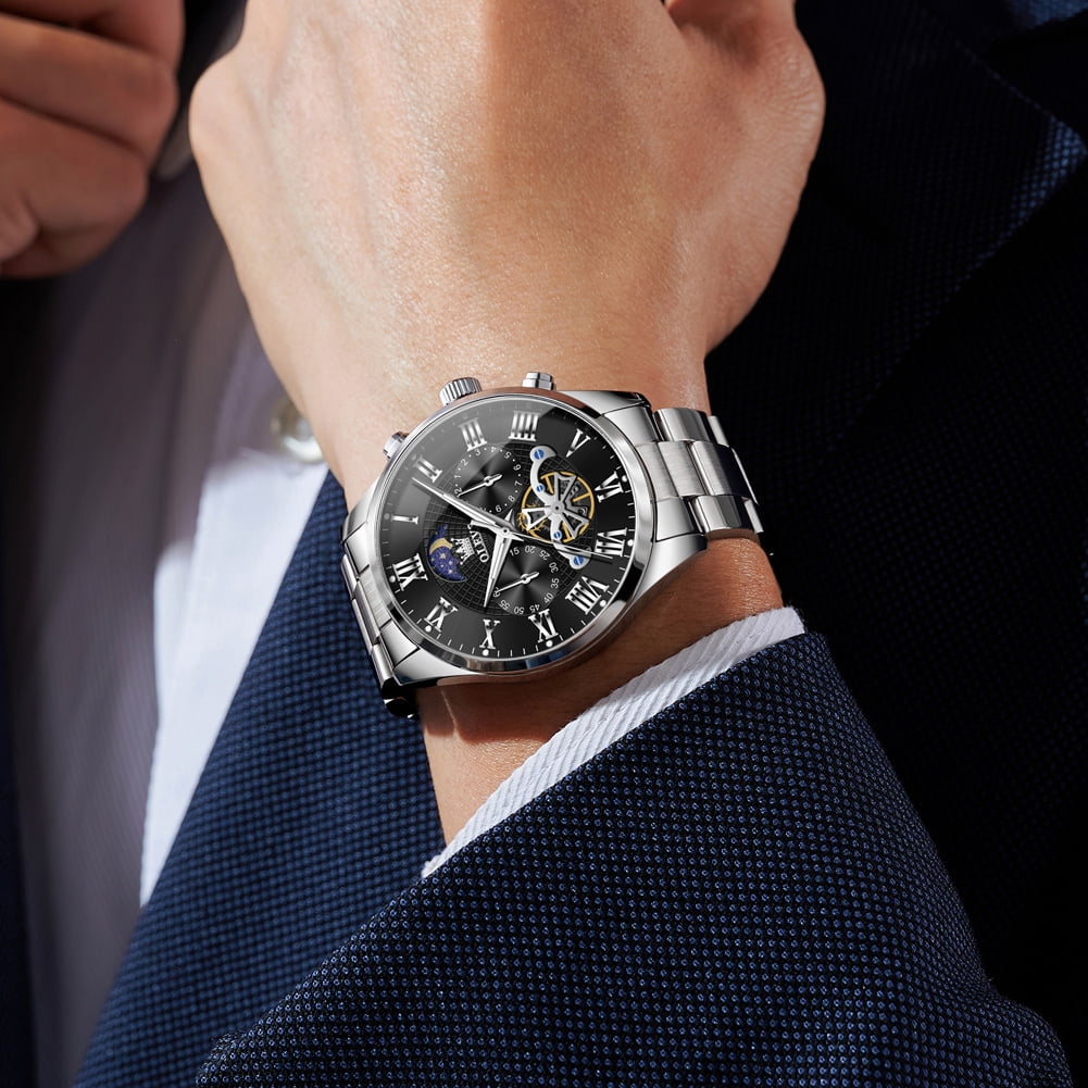 OLEVS Chronograph Watches for Men Waterproof Business Dress Analog Quartz Luxury Moon Phase Stainless Steel Roman Numeral Luminous Casual Mens Wrist Watches Reloj Para Hombre