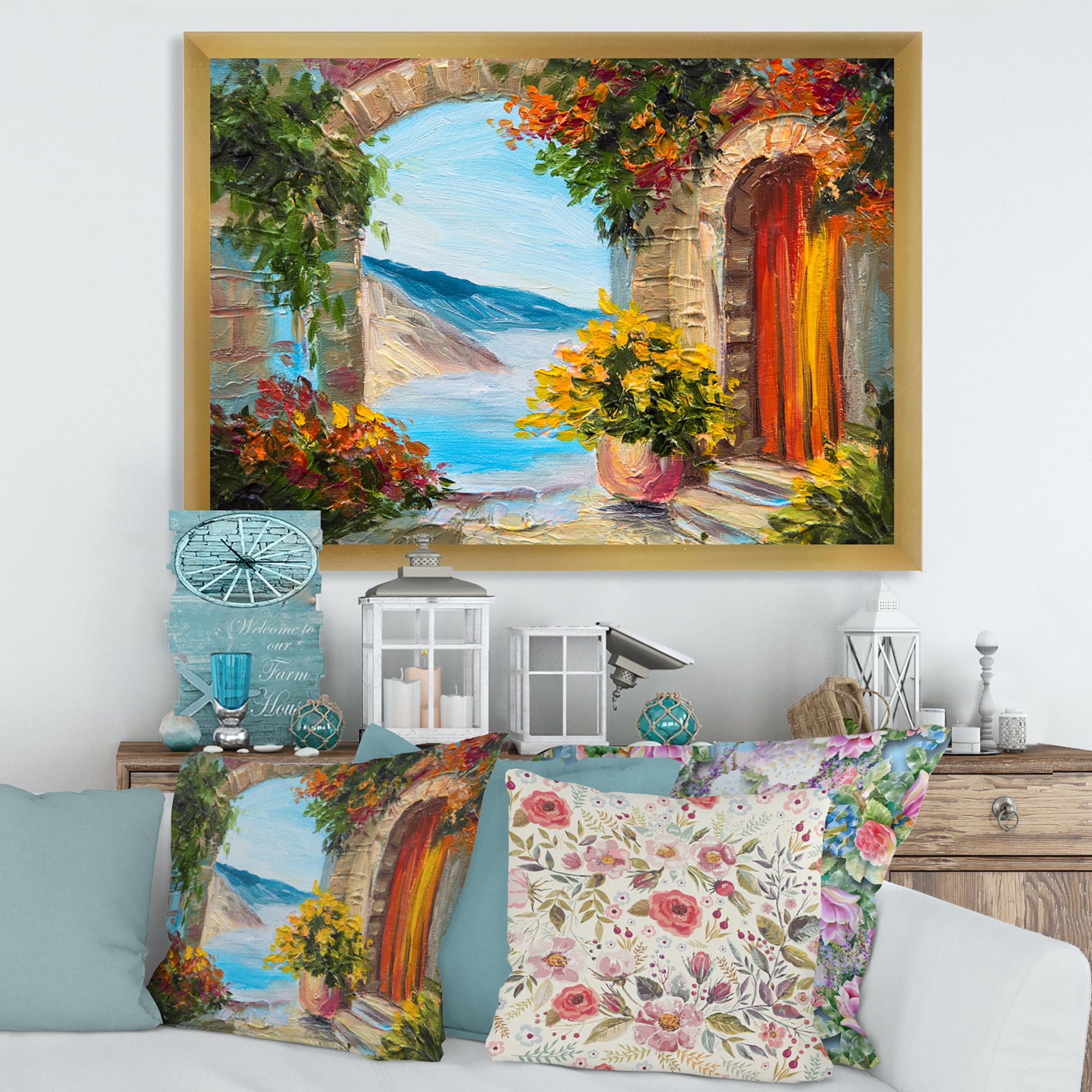 Designart 'House With Colorful Flowers Near The Sea Summer Season' Nautical & Coastal Framed Art Print