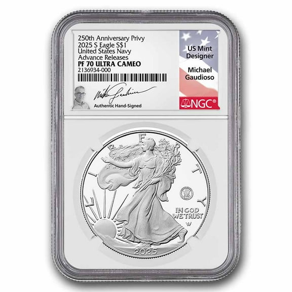 2025-S Proof Silver Eagle PF-70 NGC (Navy Privy, AR, Gaudioso)