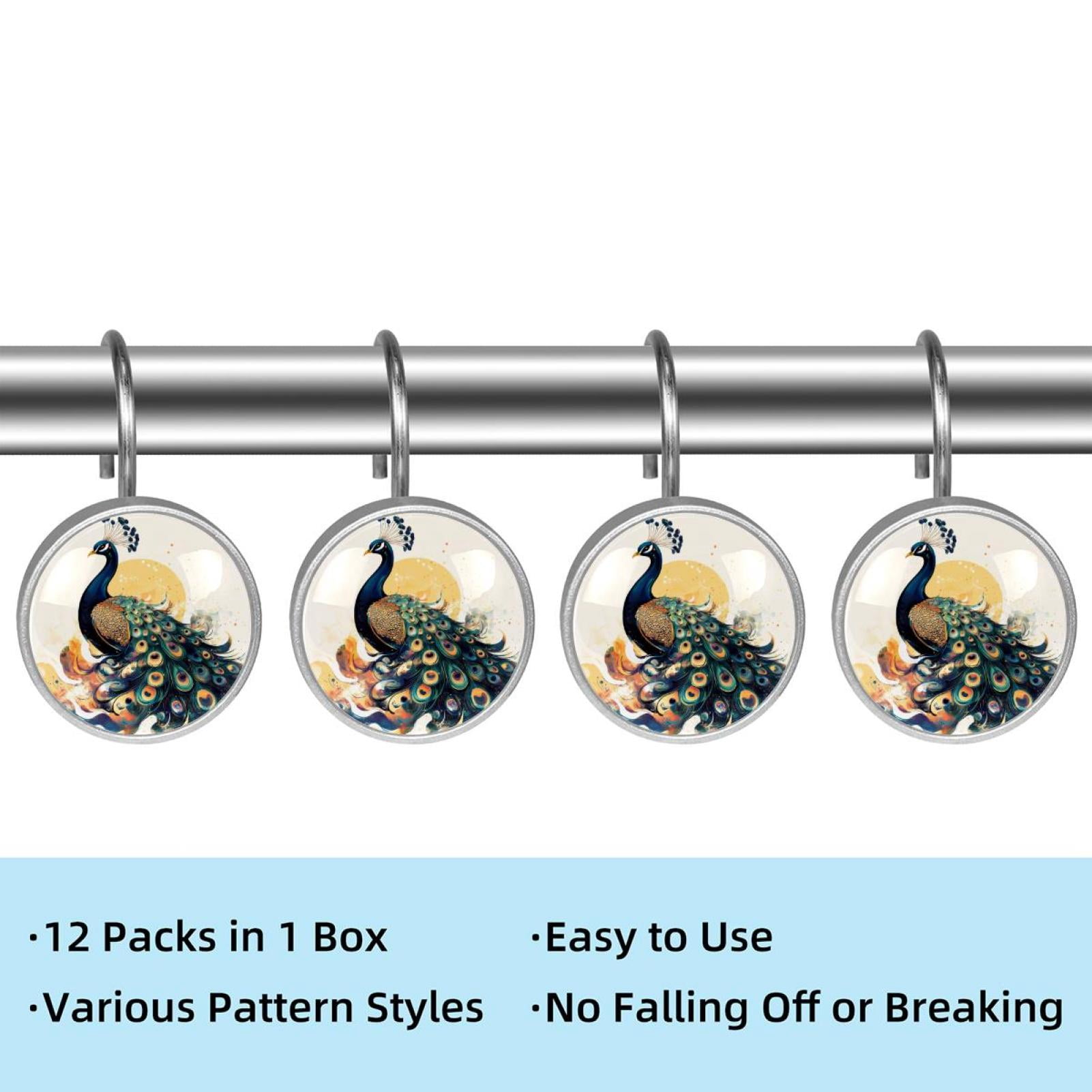12pcs Decorative Shower Curtain Hooks, Rust Resistant Shower Rings for Bathroom Living Room,Rustproof Stainless Steel Rings for Shower Curtain and Liner Rods,Peacock Illustration