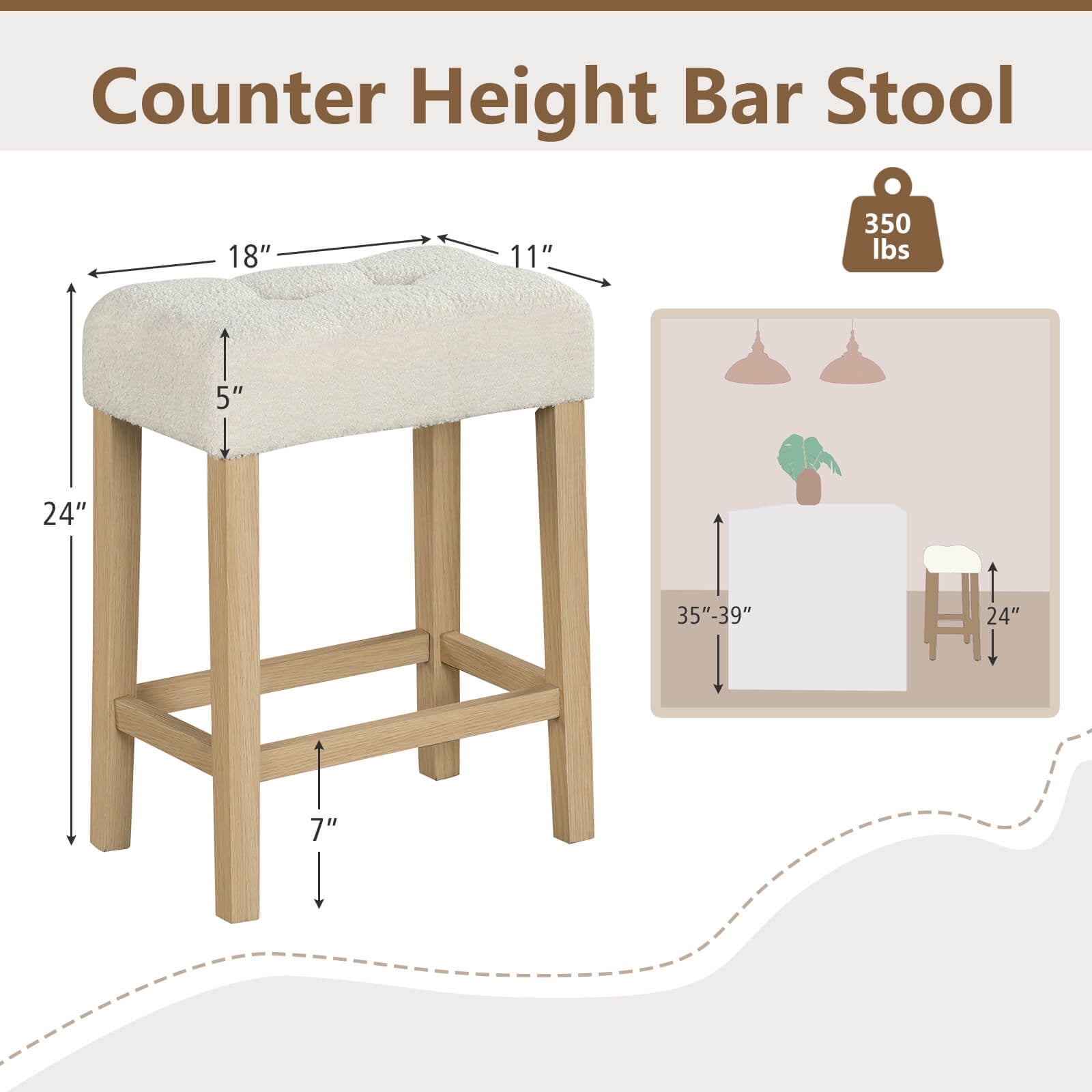Costway Counter Height Bar Stools Set of 2 with Rubber Wood Legs Footrest Modern for Home Beige