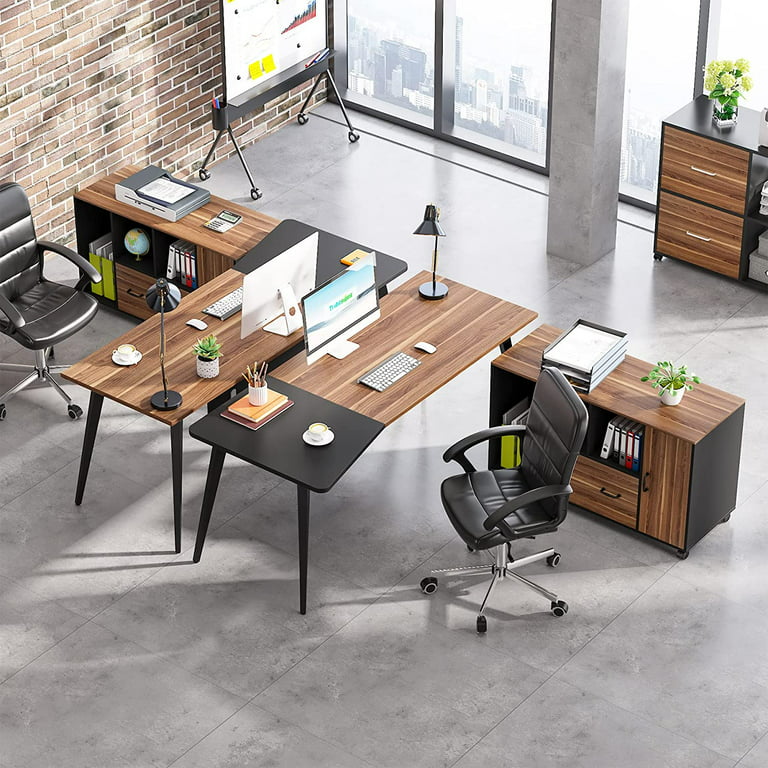 Tribesigns 87” Extra Large Executive Desk with 51” File Cabinet, L-Shaped  Office Desk with Drawer and Storage Shelves, Home Office Computer Desk