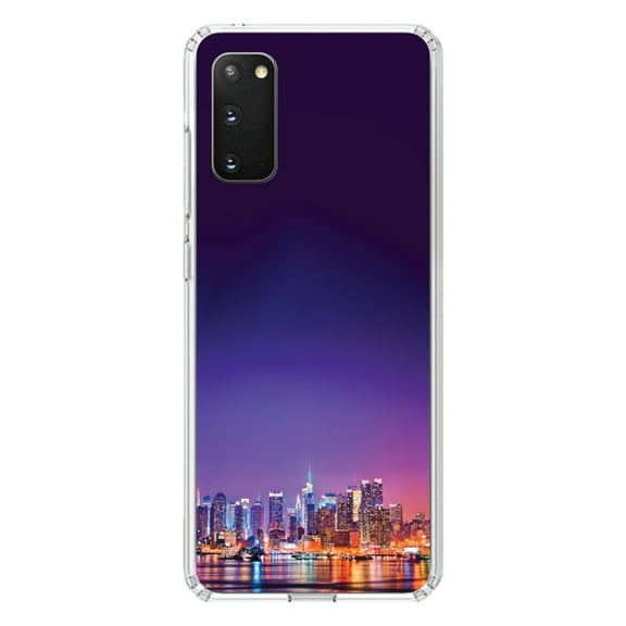DistinctInk Clear Shockproof Hybrid Case for Galaxy S20 / S20 5G (6.2" Screen) - TPU Bumper, Acrylic Back, Tempered Glass Screen Protector - New York Skyline Night - The Big Apple