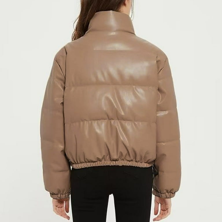 Hfyihgf Women's Faux Leather Puffer Jacket Zip up Padded