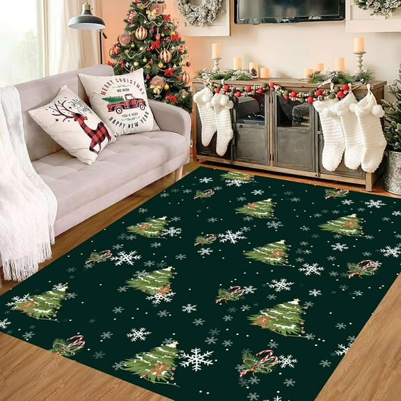 Christmas Snowflake Area Rug, Green Christmas Tree Christmas Snowflake Rug, Red And White Candy Cane Print Pattern Doormat, Easy Clean Christmas Rug Bedroom Playroom Rug 5x7ft