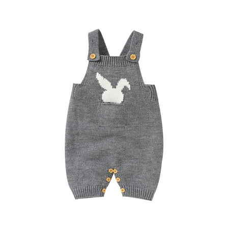 

Caitzr Baby Easter Knit Overalls Sleeveless Bunny Print Romper Pants with Front Pocket